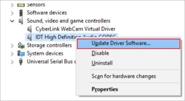 Jika-terdaapat-IDT-High-Definition-Audio-CODEC-klik-kanan-lalu-pilih-Update-Driver-Software Cara Memperbaiki Sound Windows 10