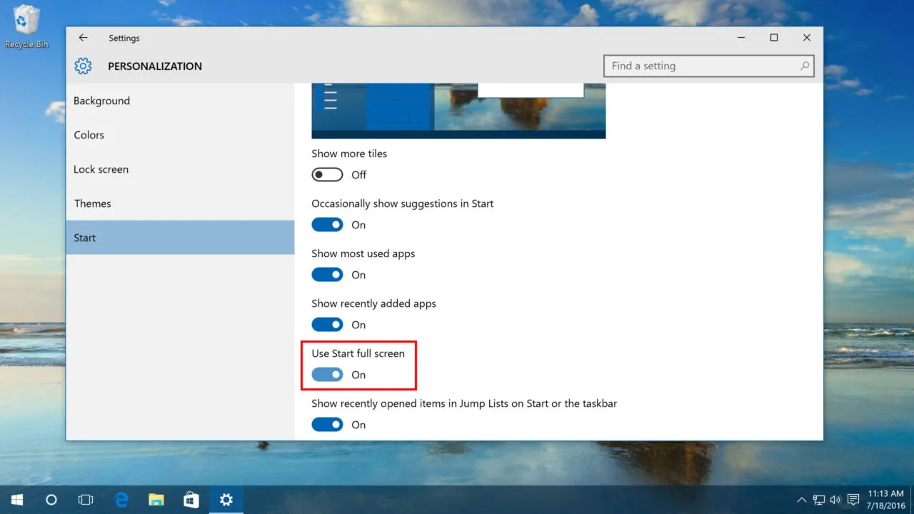 Pada-menu-Use-Start-Full-Screen-pilih-menu-ON Cara Merubah Tampilan Windows 10