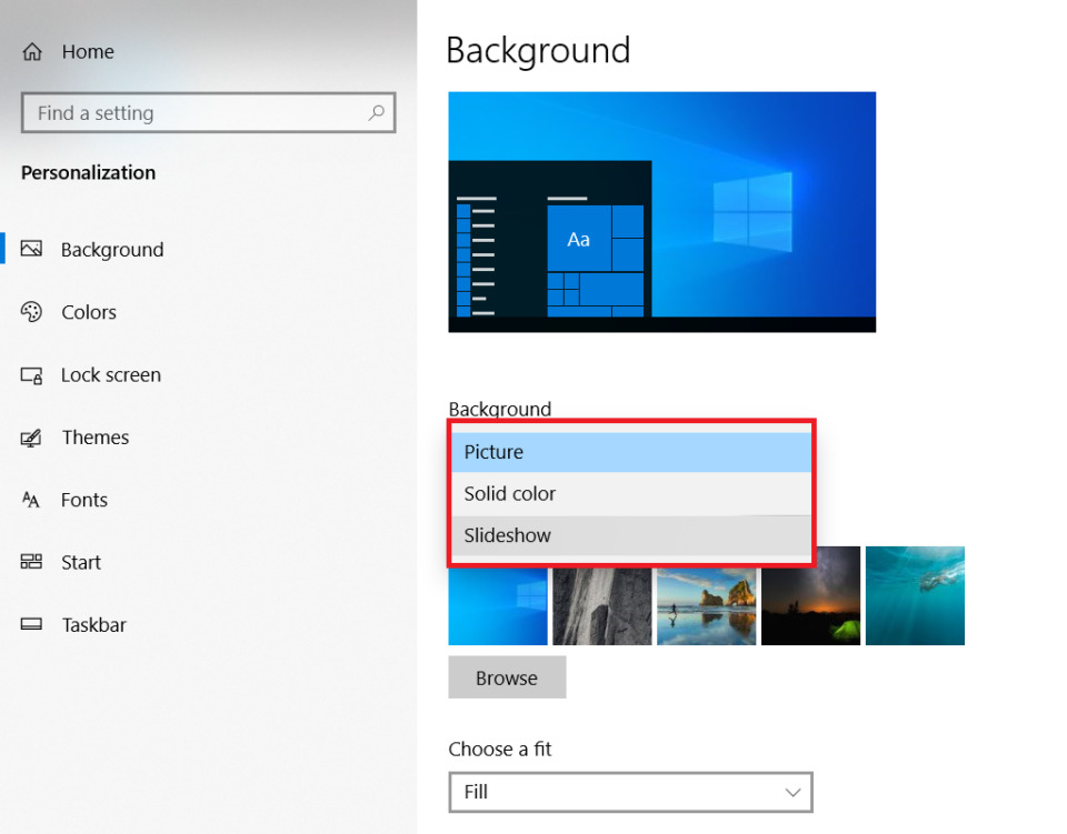 Pada-bagian-tab-layar-belakang-terdapat-beberapa-opsi-yang-berhubungan-dengan-wallpaper. Cara mengubah tampilan desktop Windows 10